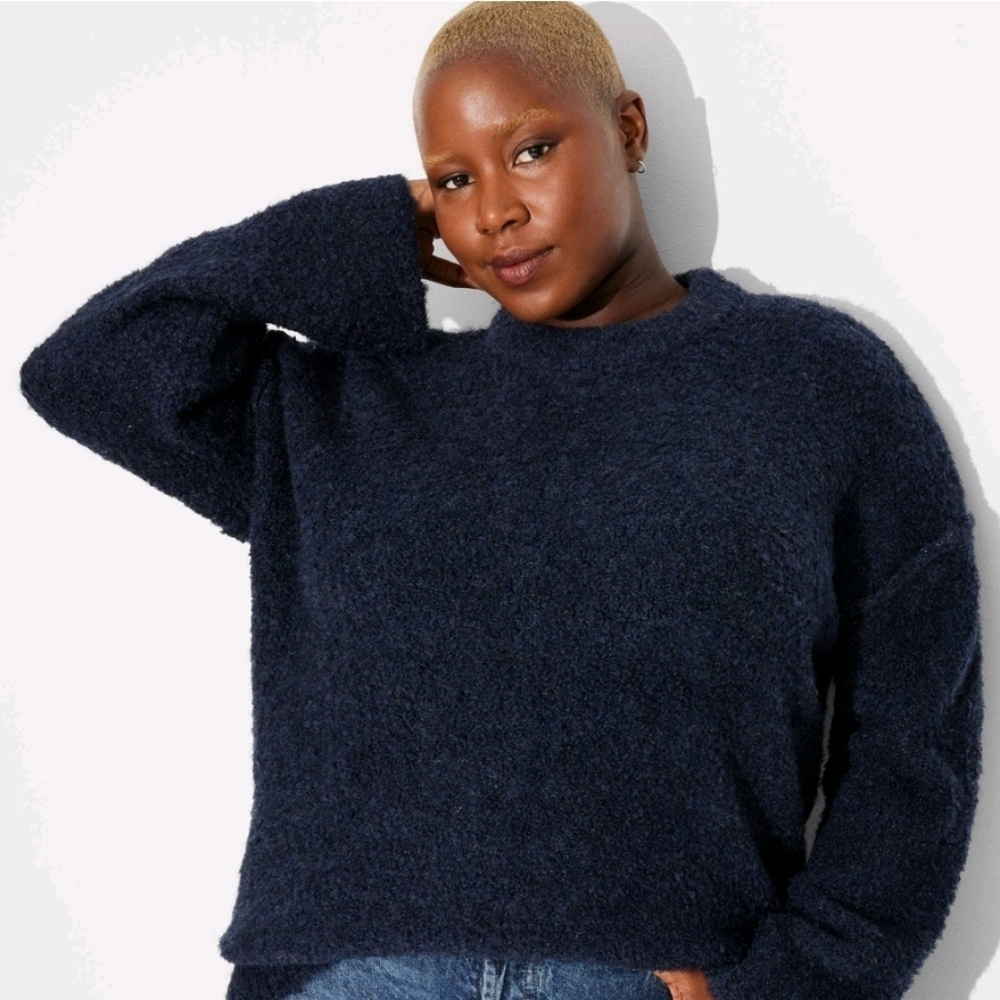 Women's Crewneck Oversized Boucle Pullover Holiday Sweater - Wild Fable Navy XS